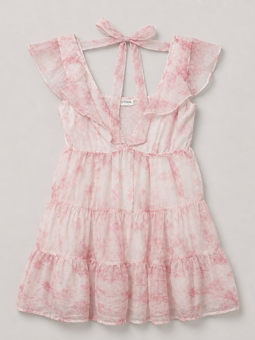 STORIA Pink Floral Tiered Mini Dress Ruffle Tie Back Cottagecore Coquette Size S
